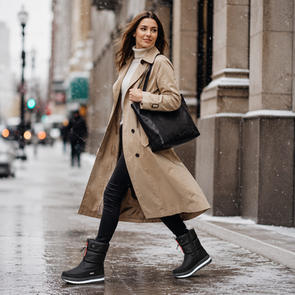 Winterstiefel Damen gefüttert in Schwarz getragen zum Trenchcoat in der Stadt