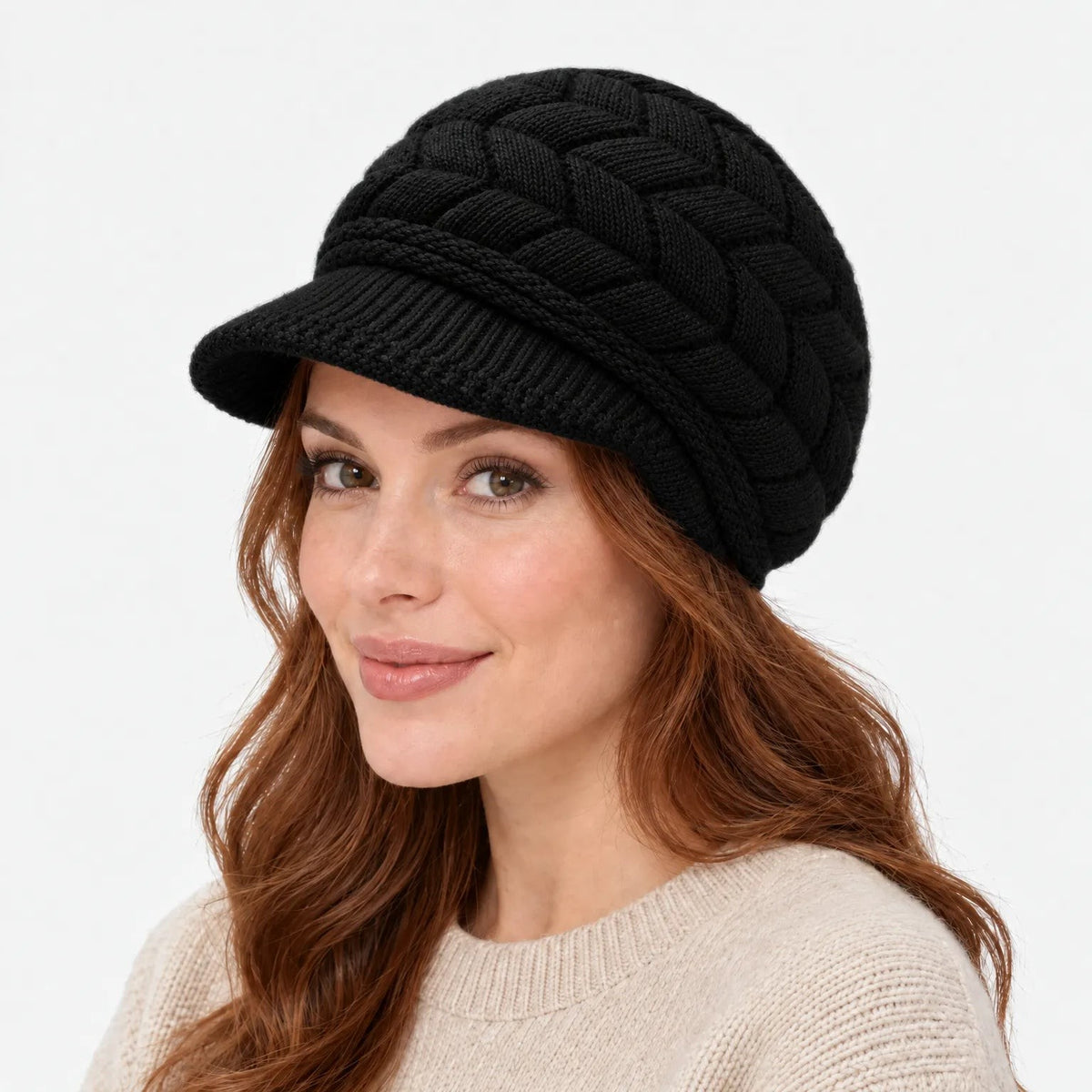 Strickmütze Damen mit Schirm in Schwarz