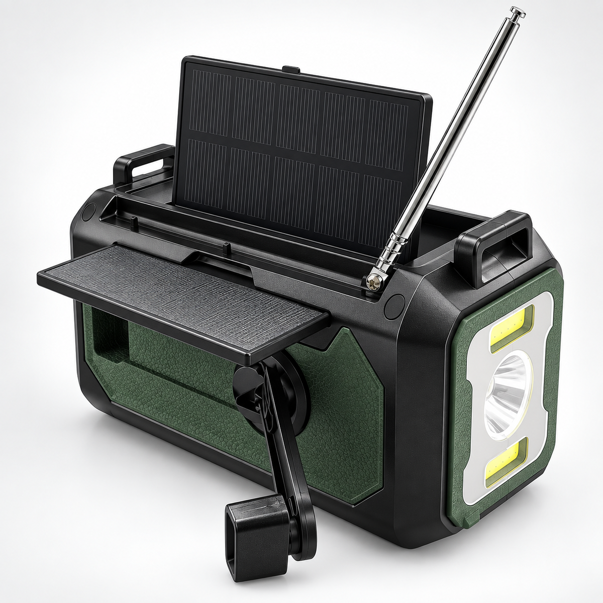 Kurbelradio mit aufgeklapptem Solarpanel, Antenne und Kurbel