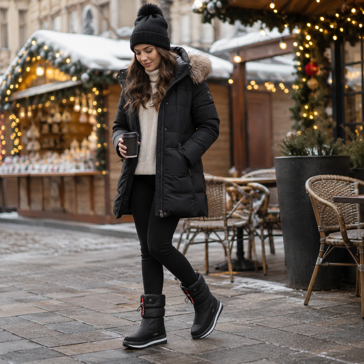 Winterstiefel Damen gefüttert in Schwarz getragen auf dem Weihnachtsmarkt