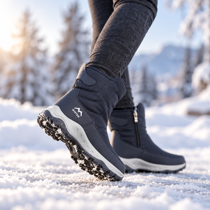 Winterstiefel Herren in Dunkelblau beim Gehen auf Schnee