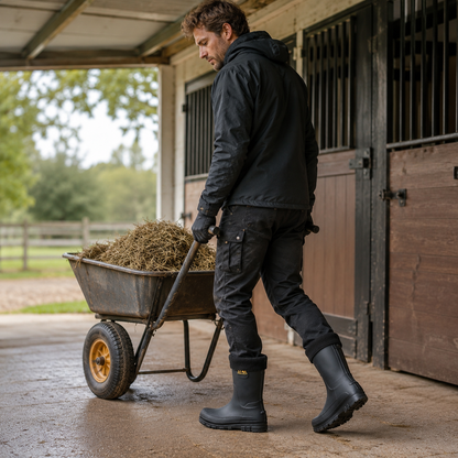 Gefütterte Gummistiefel bei der Stallarbeit mit Schubkarre