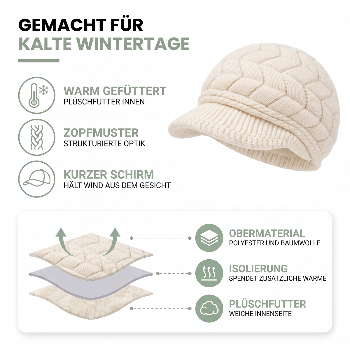 Strickmütze Damen: Zopfmuster, Plüschfutter und kurzer Schirm im Materialaufbau