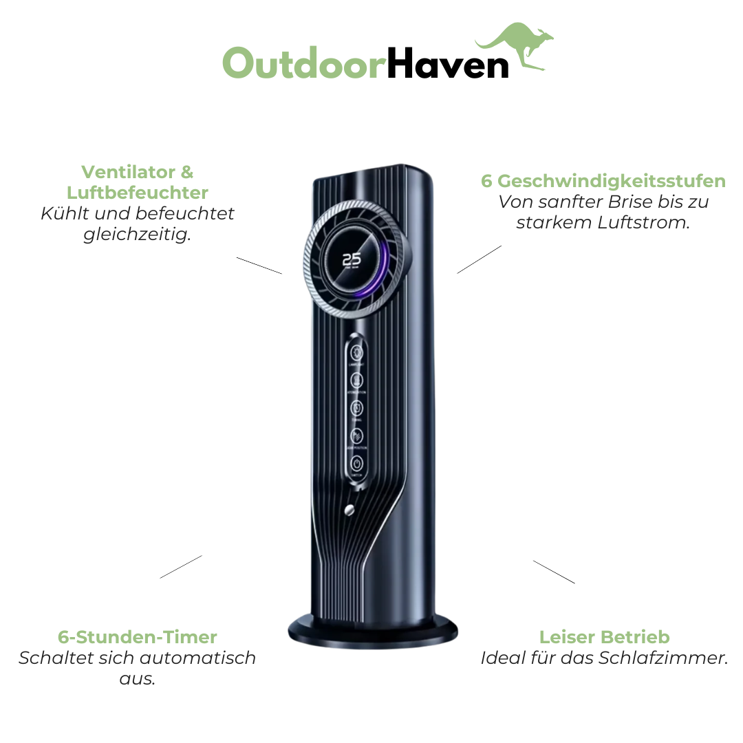 Turmventilator & Luftbefeuchter – USB, 6 Geschwindigkeitsstufen & 6-Stunden-Timer