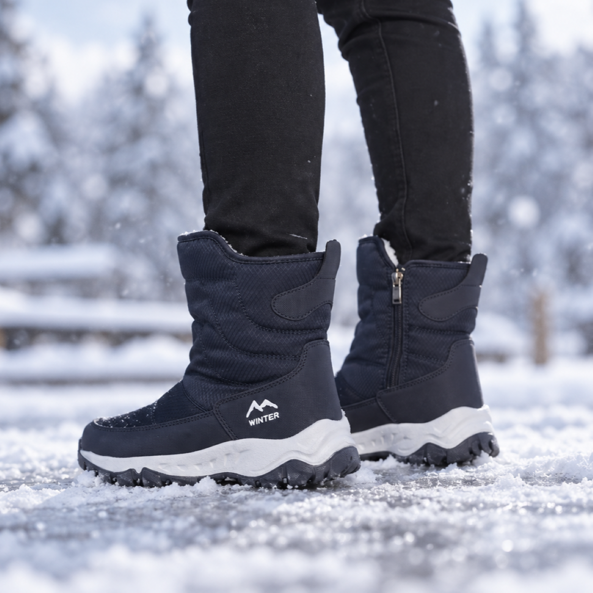 Winterstiefel Herren in Dunkelblau getragen im Winterwald