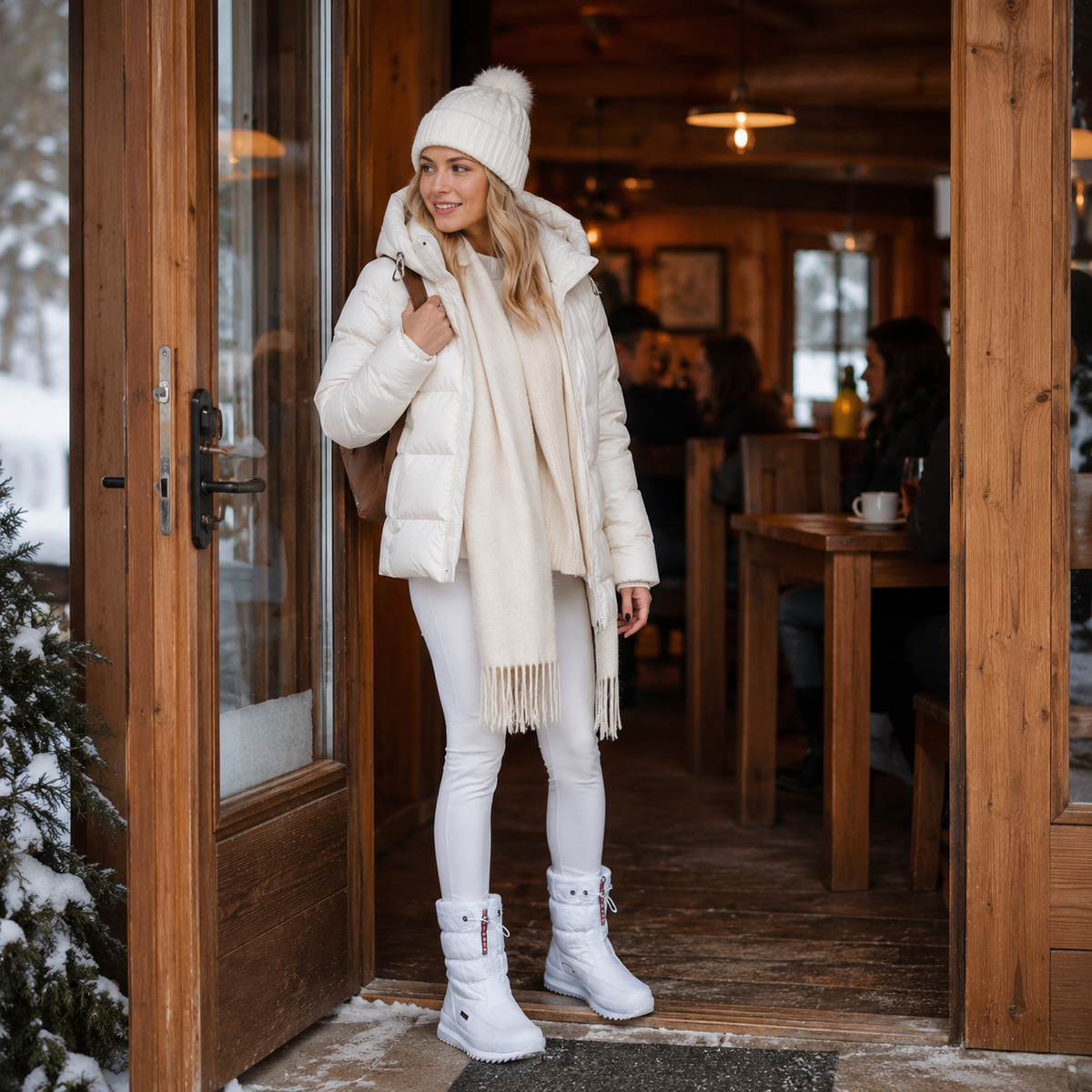 Winterstiefel Damen gefüttert in Weiß getragen zu weißer Hose und Daunenjacke