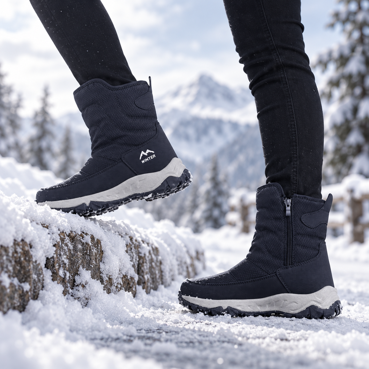 Winterstiefel Herren in Dunkelblau beim Schritt auf einen Stein