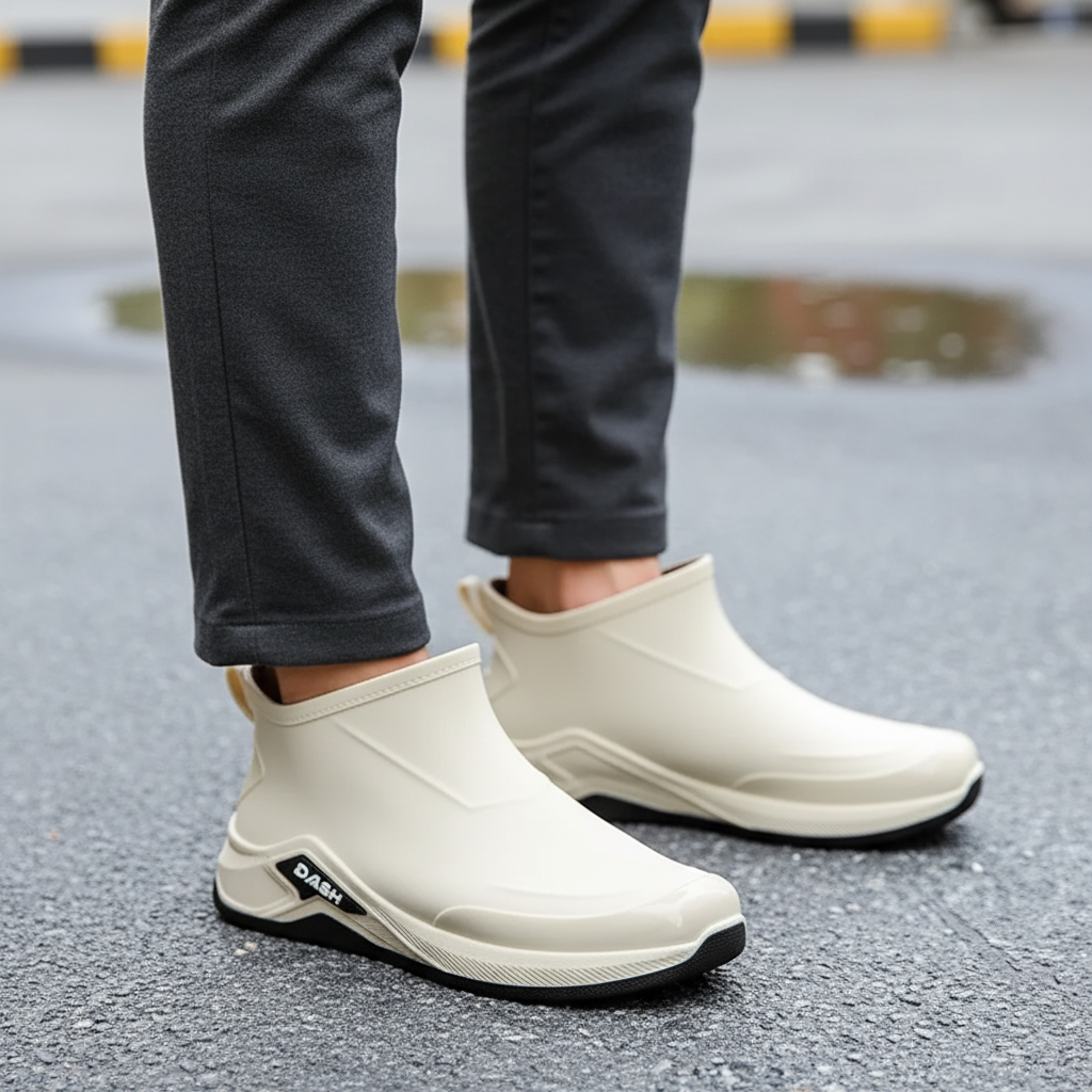 Gummistiefel Herren kurz in Beige beim Gehen auf nasser Straße