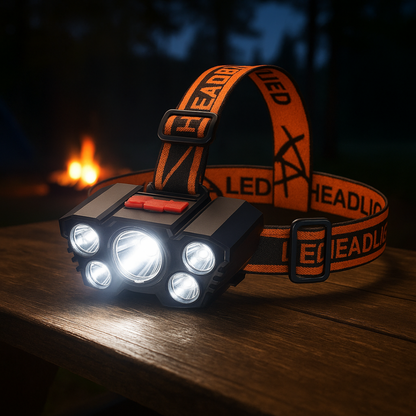 LED Stirnlampe USB - 5 LEDs, 4 Leuchtmodi & SOS - Spritzwasserfest