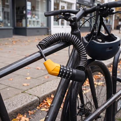 Gelbes Spiral-Zahlenschloss sichert Fahrradrahmen und Helm an einem städtischen Fahrradständer