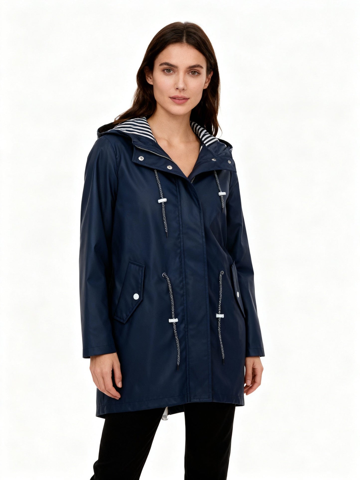 Regenjacke Damen - Mittellang mit Kapuze - Fischschwanz-Saum