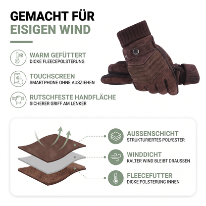 Winterhandschuhe Herren: winddichte Aussenschicht, Fleecefutter und rutschfeste Handfläche im Materialaufbau