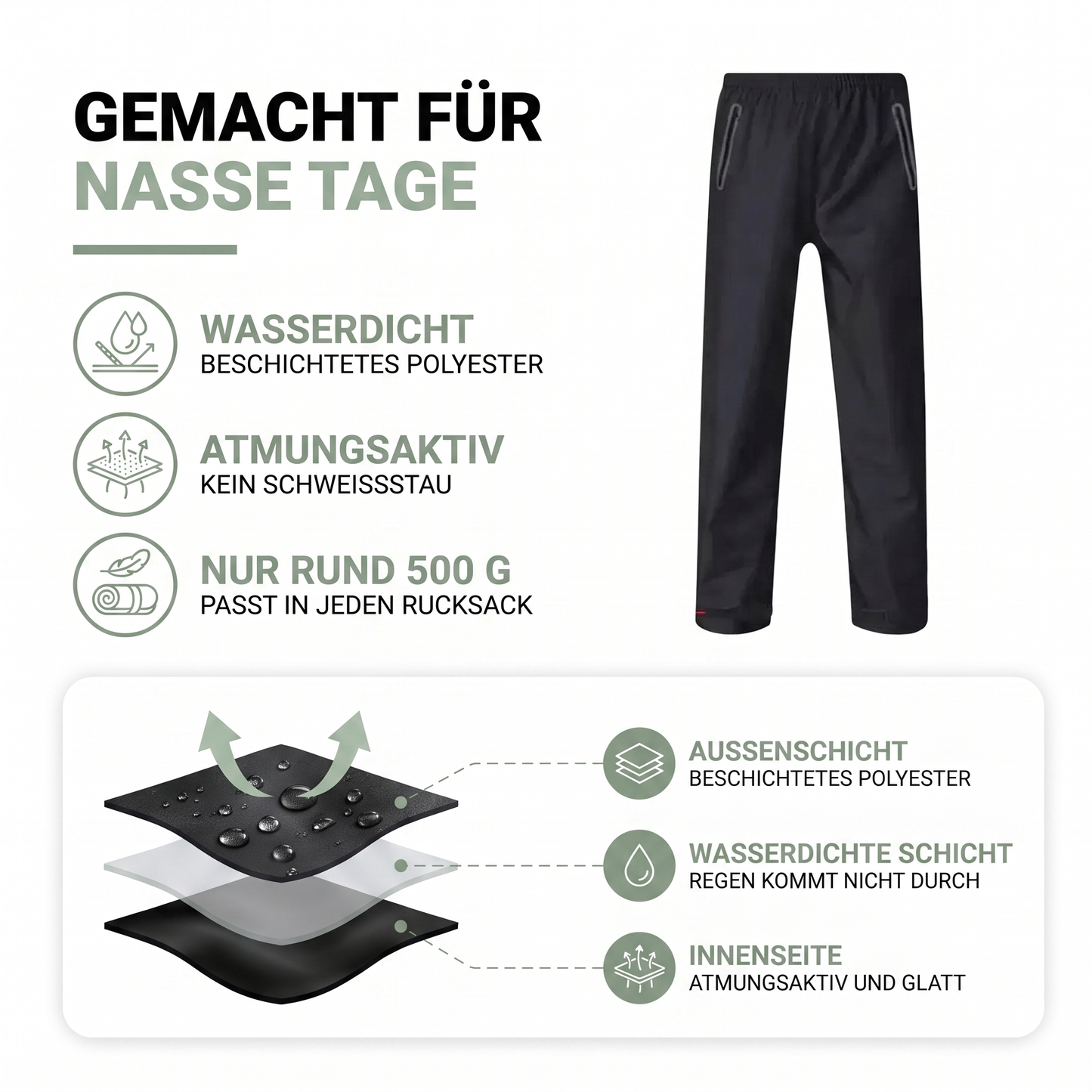Regenhose Herren - wasserdicht & atmungsaktiv - mit Reißverschlusstaschen