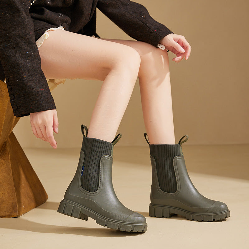 Gummistiefel Damen im Chelsea-Look - Strickeinsatz - Plateausohle
