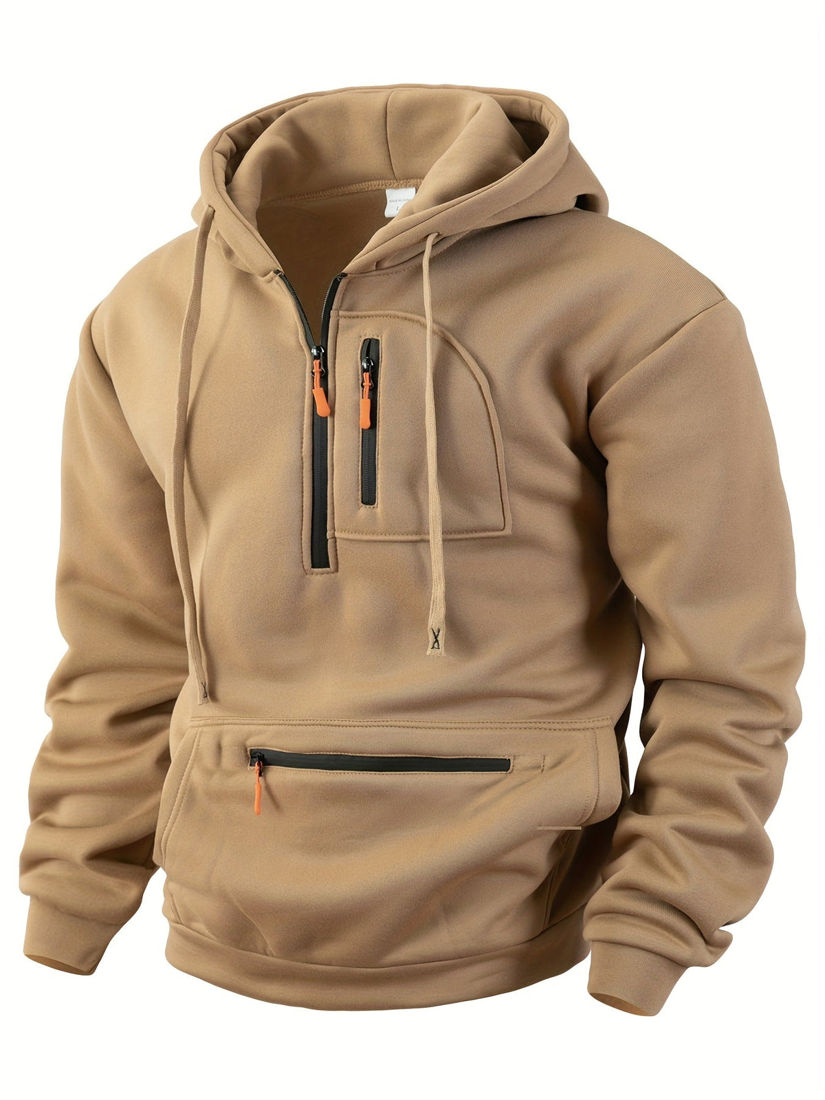 Hoodie in Camel mit halbem Reißverschluss von vorn