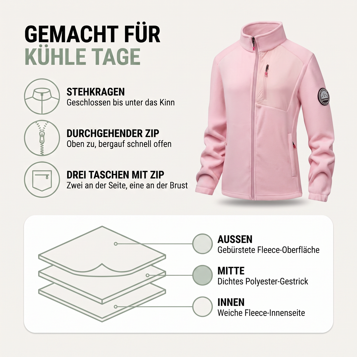 Fleecejacke Damen - Stehkragen mit Reißverschluss - Drei Reißverschlusstaschen