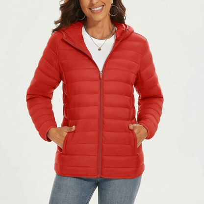 Leichte Steppjacke für Damen in Rot mit Kapuze und Reißverschlusstaschen