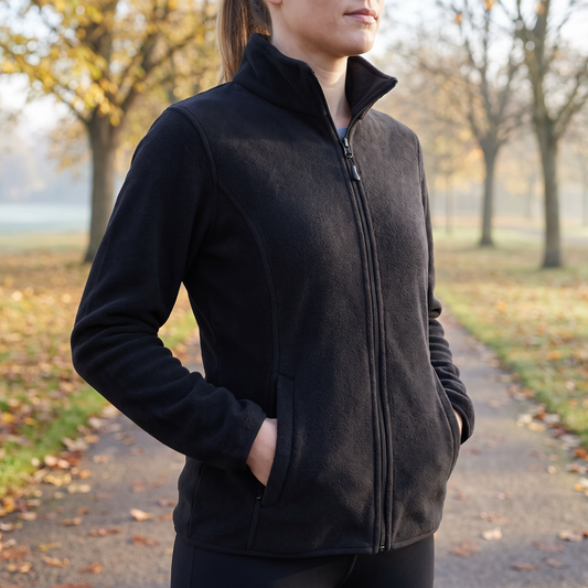 Frau in der schwarzen Damen-Fleecejacke an einem Herbstmorgen im Park, Hände in den Seitentaschen