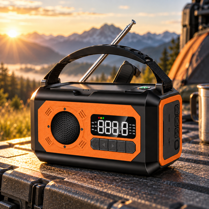 Kurbelradio in Orange bei Sonnenaufgang im Freien