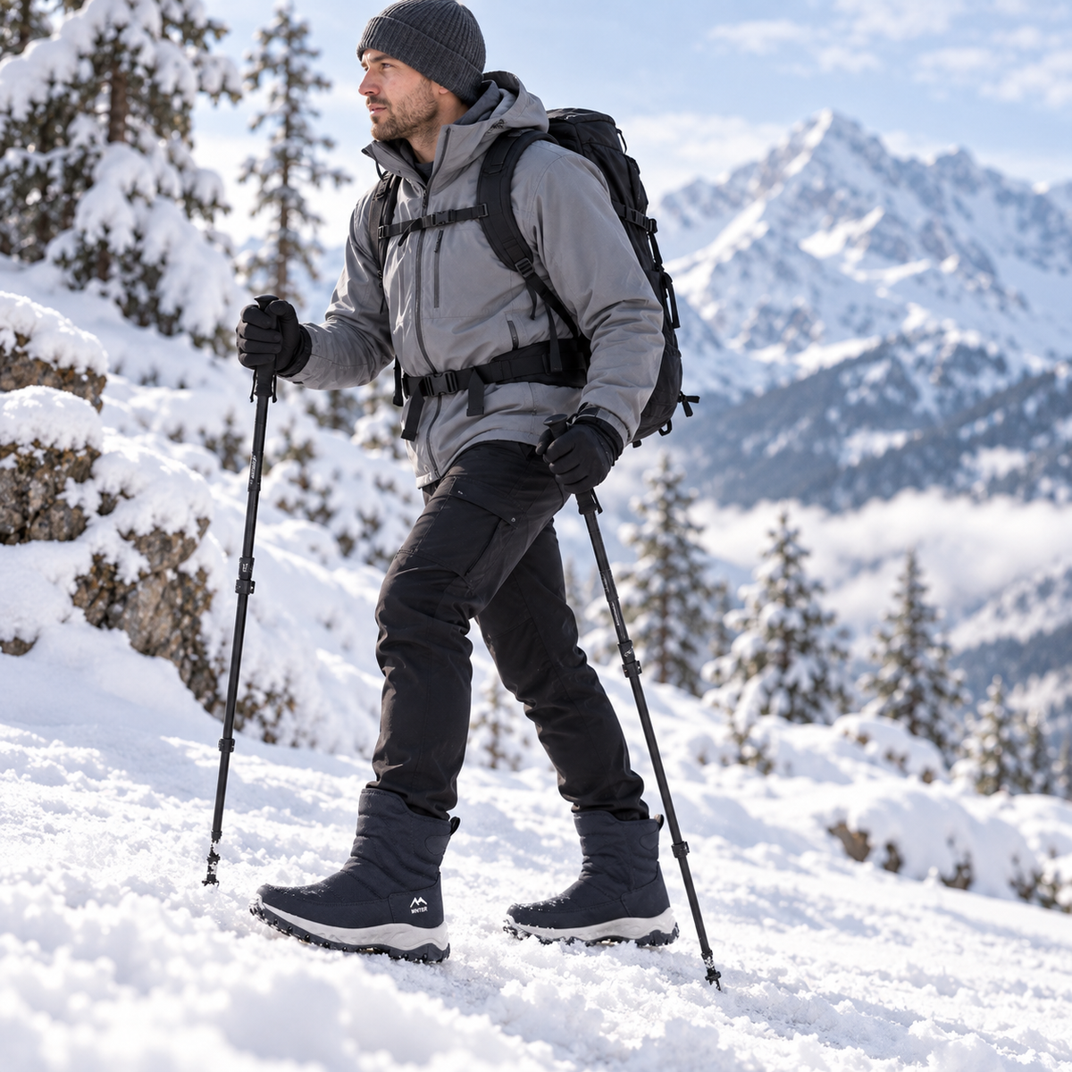 Winterstiefel Herren in Dunkelblau beim Winterwandern mit Stöcken