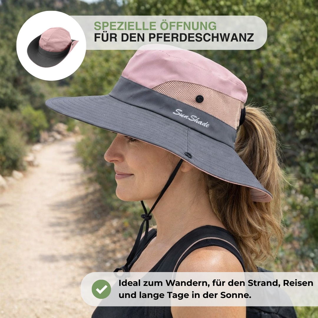 Damen Sonnenhut mit breiter Krempe – UV-Schutz – Öffnung für Pferdeschwanz