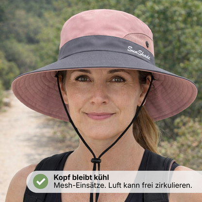 Damen Sonnenhut mit breiter Krempe – UV-Schutz – Öffnung für Pferdeschwanz