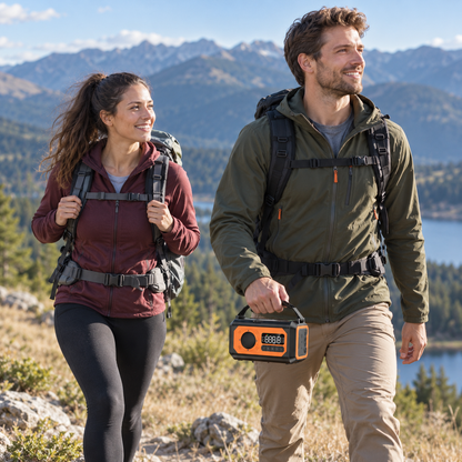 Kurbelradio in Orange beim Wandern dabei