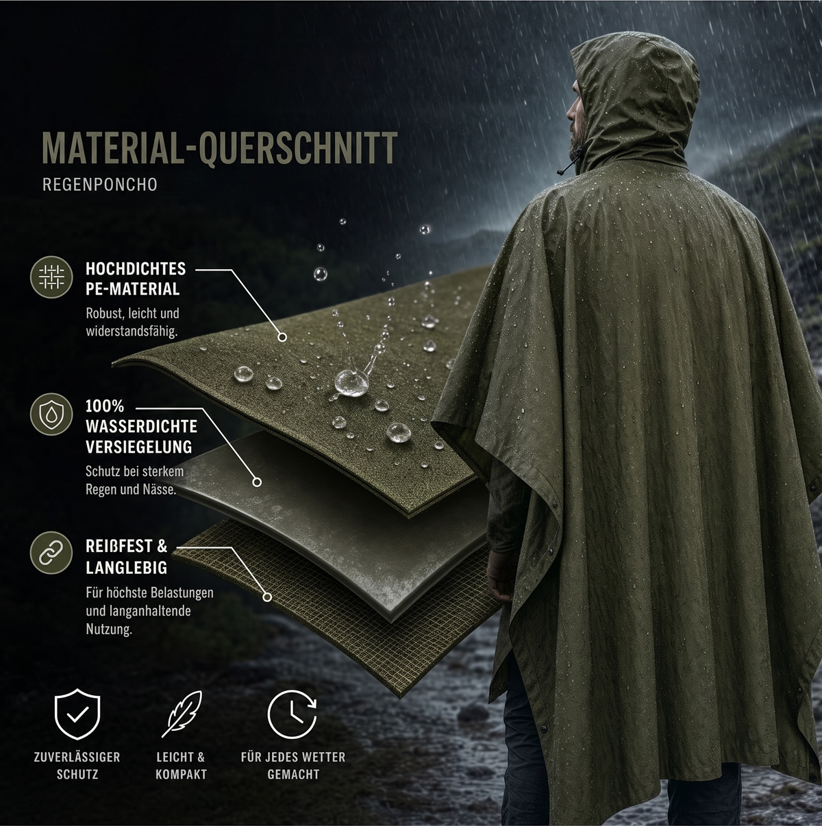 Materialquerschnitt des Regenponchos: wasserdichte Versiegelung und reißfestes Material