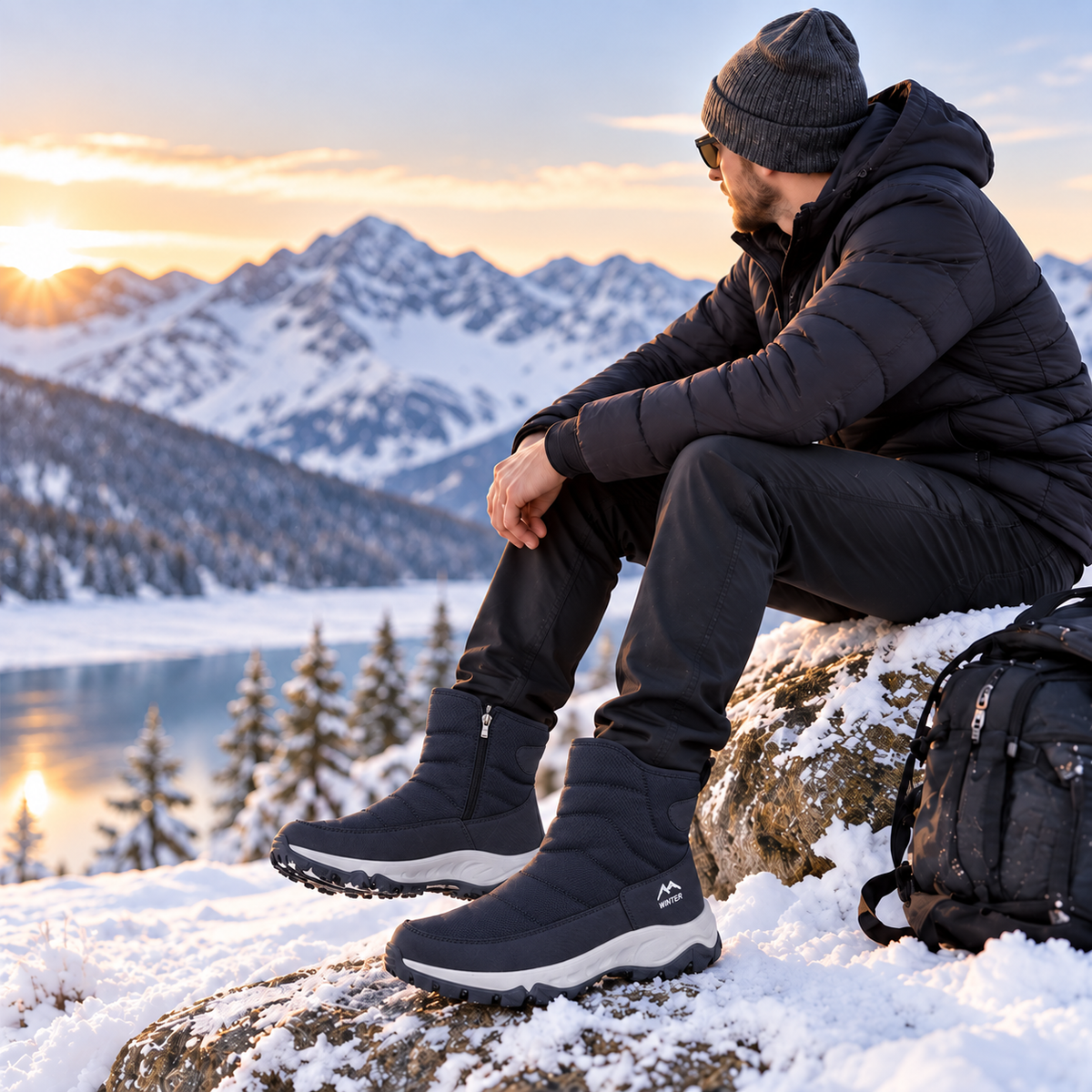 Winterstiefel Herren in Dunkelblau bei einer Pause am See