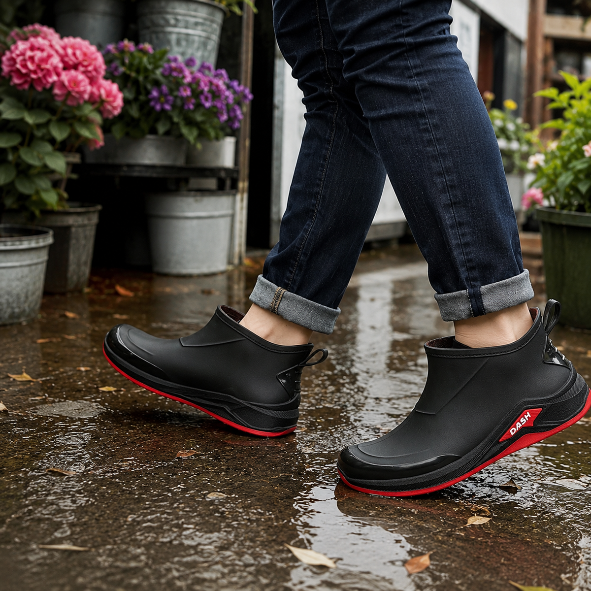 Gummistiefel Herren kurz in Schwarz-Rot auf nassem Weg vor einem Blumenladen