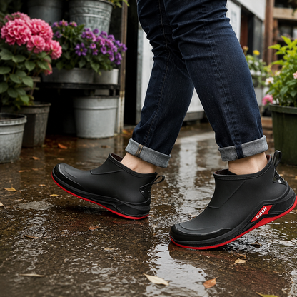Gummistiefel Herren kurz in Schwarz-Rot auf nassem Weg vor einem Blumenladen
