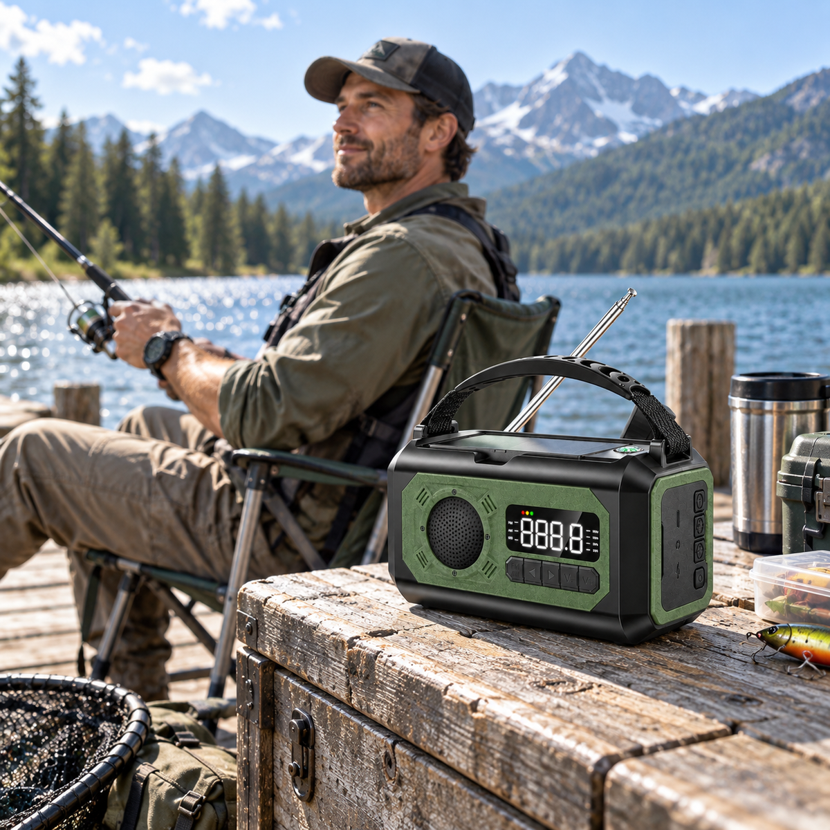 Kurbelradio beim Angeln am See