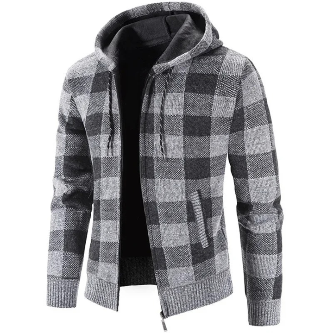 Strickjacke Herren mit Kapuze - Karo-Design - Warmes Fleecefutter