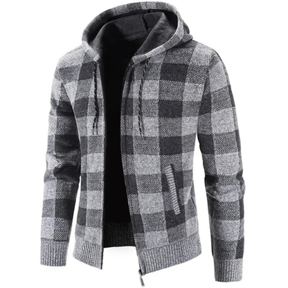 Strickjacke Herren mit Kapuze - Karo-Design - Warmes Fleecefutter