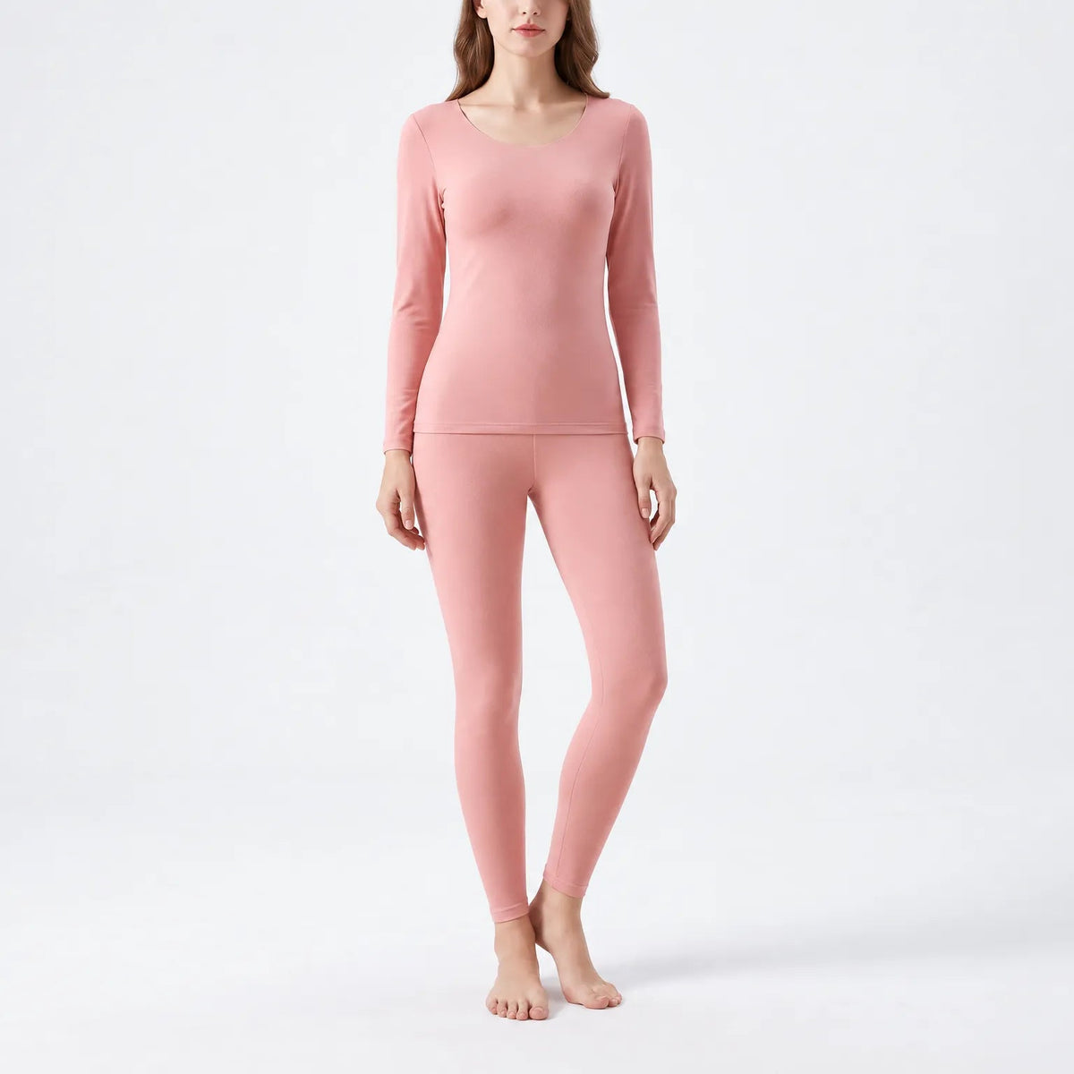 Thermounterwäsche Damen Pfirsich, Leggings – am Model auf hellem Hintergrund