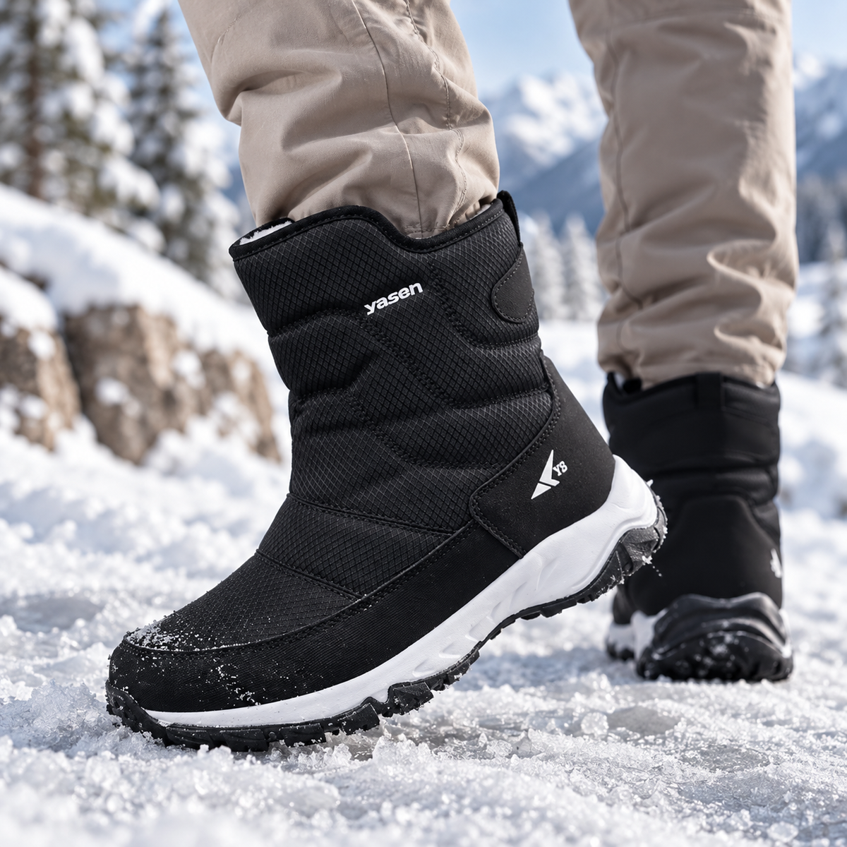 Winterstiefel Herren in Schwarz in Nahaufnahme im Schnee