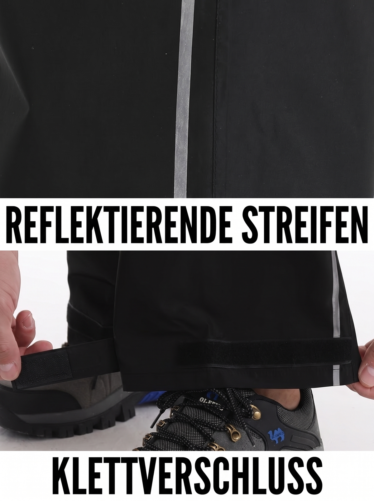 Reflektierende Streifen am Hosenbein und Klettverschluss am Saum