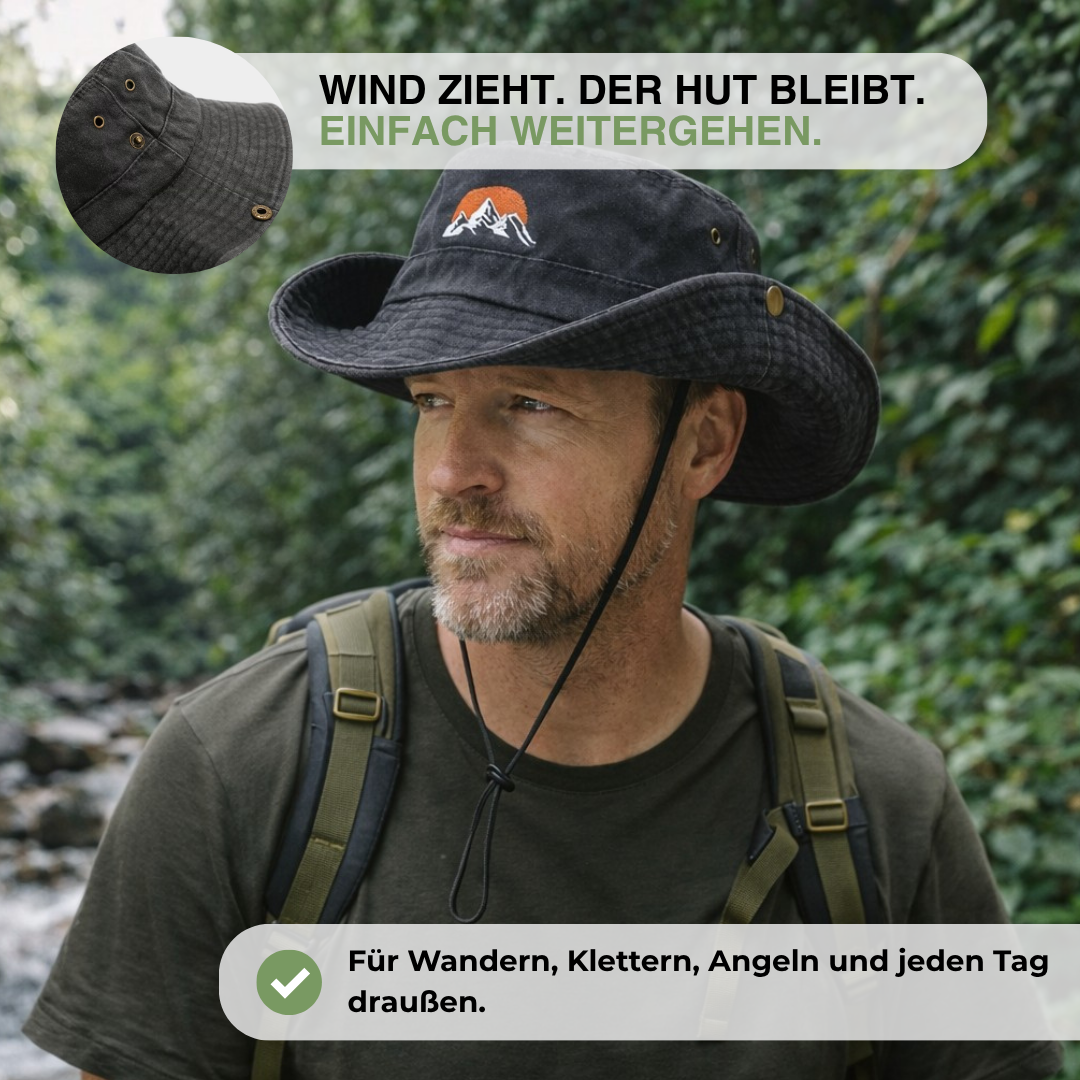 Outdoor Bucket Hat – Gewaschene Baumwolle – Breite Krempe – Sonnenhut mit Kinnband