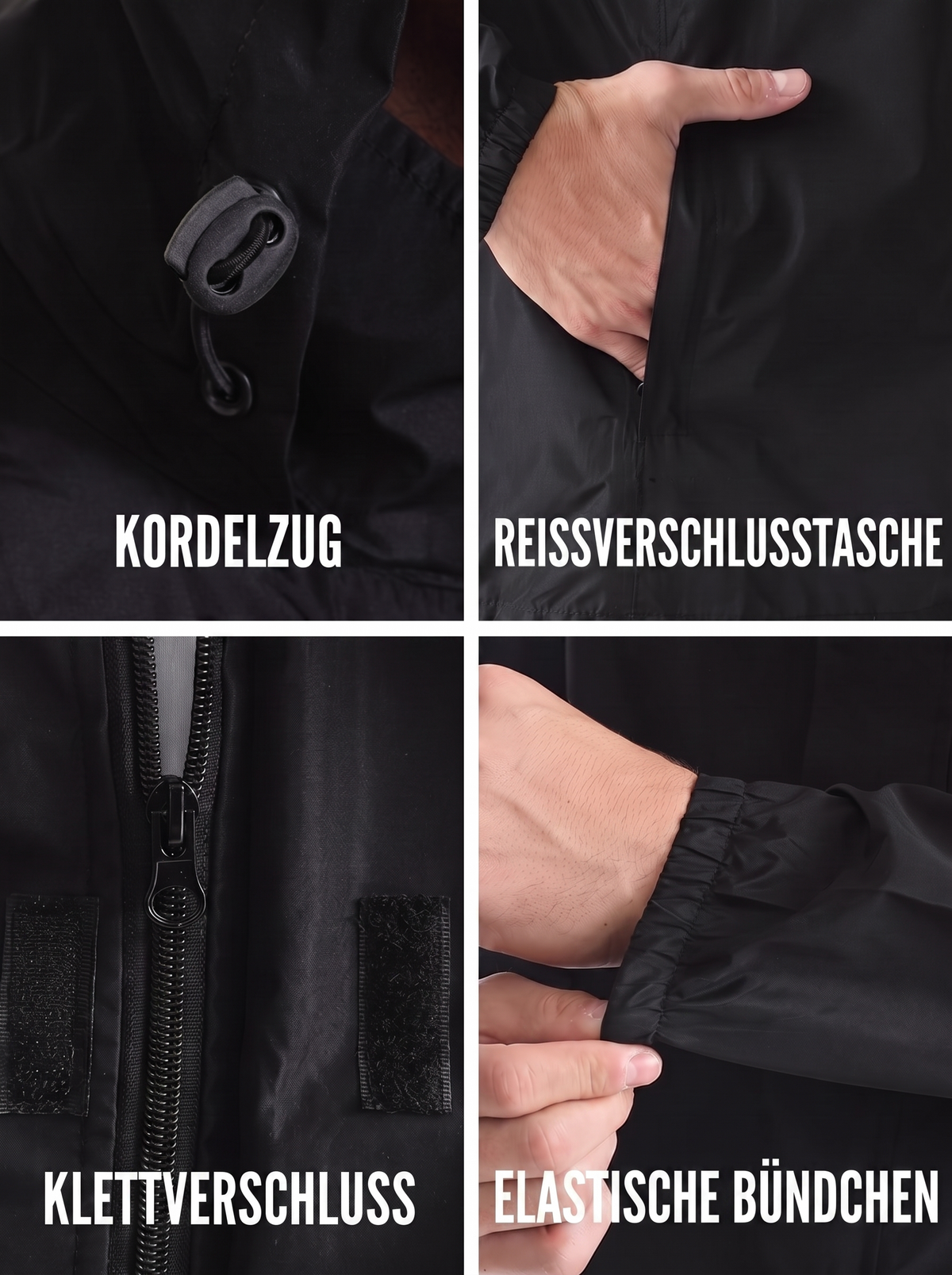 Details der Regenjacke: Kordelzug, Reißverschlusstasche, Klettverschluss und elastische Bündchen