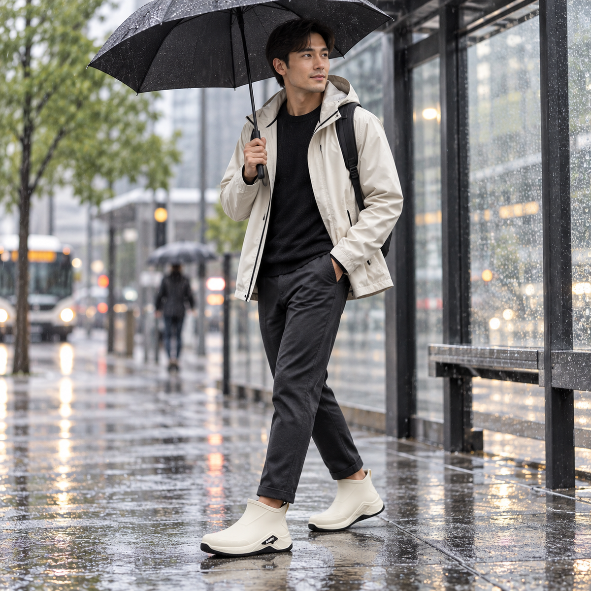 Gummistiefel Herren kurz in Beige getragen mit Regenschirm