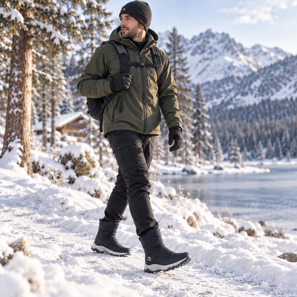 Winterstiefel Herren in Schwarz auf einem verschneiten Weg am See
