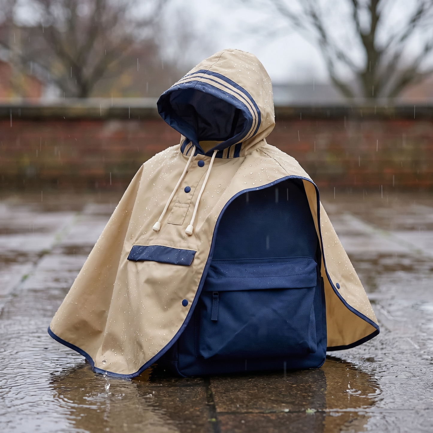 Regenponcho liegt über einem Schulranzen auf nassem Pflaster im Regen