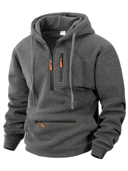 Dunkelgrauer Hoodie mit halbem Reißverschluss von vorn