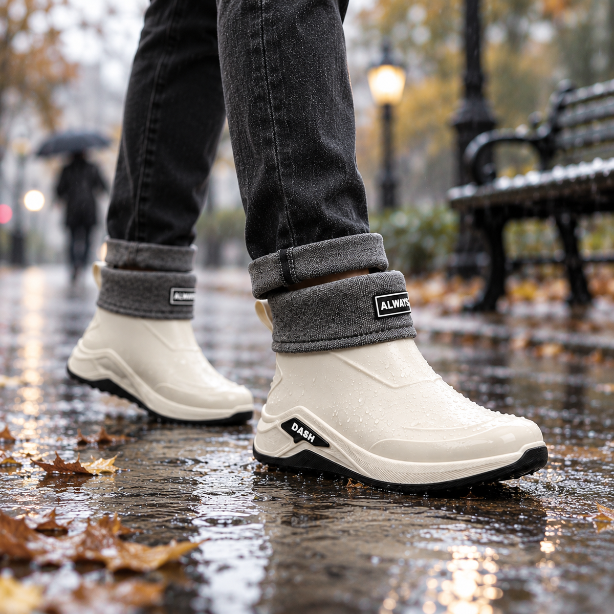Gummistiefel Herren kurz in Beige gefüttert getragen im Herbstregen