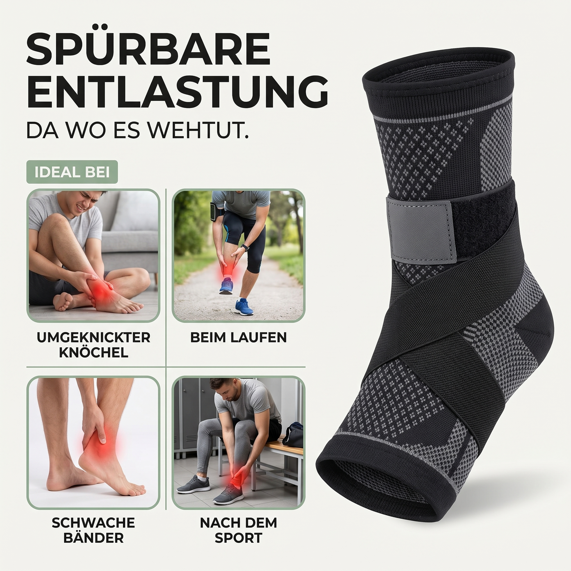 Sprunggelenkbandage - Verstellbarer Kompressionsriemen - Atmungsaktives Strickgewebe - Ideal bei diesen Beschwerden
