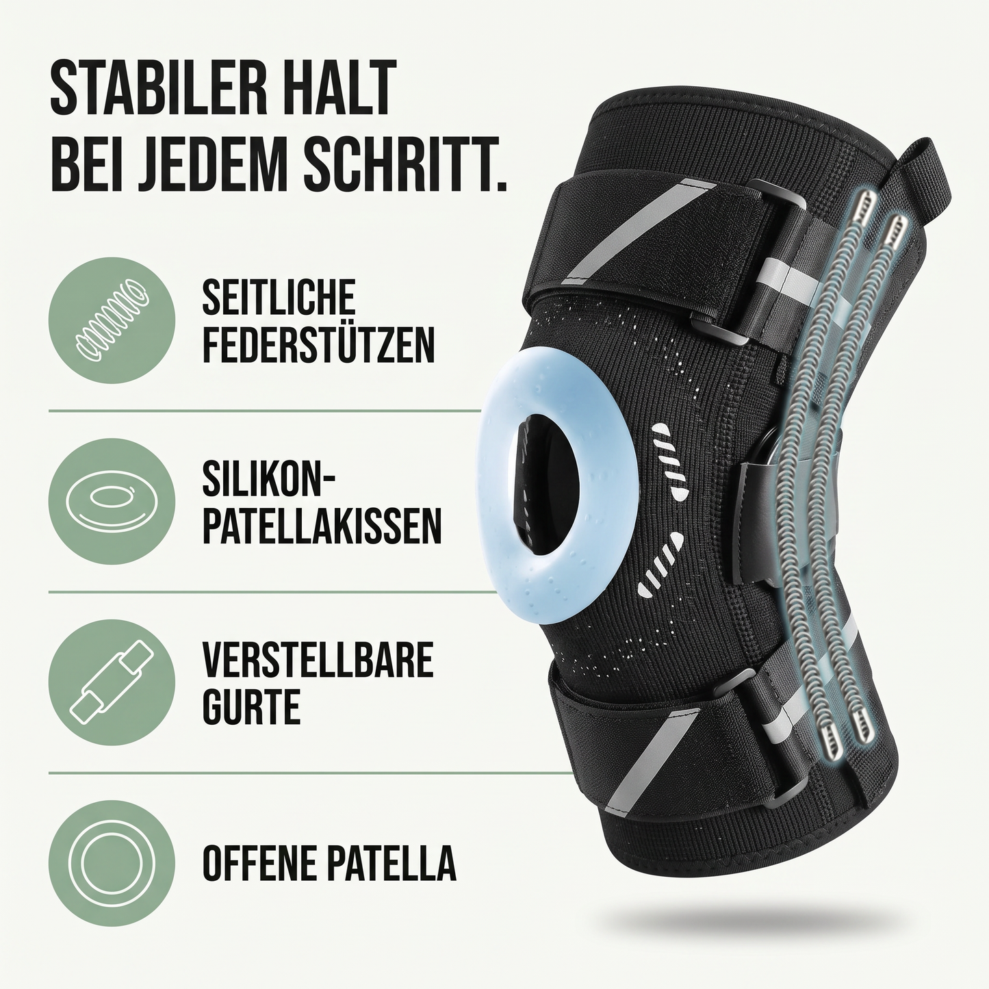 Kniebandage - Federstützen für Meniskus-Halt - Silikon-Patellakissen - Hauptvorteile auf einen Blick