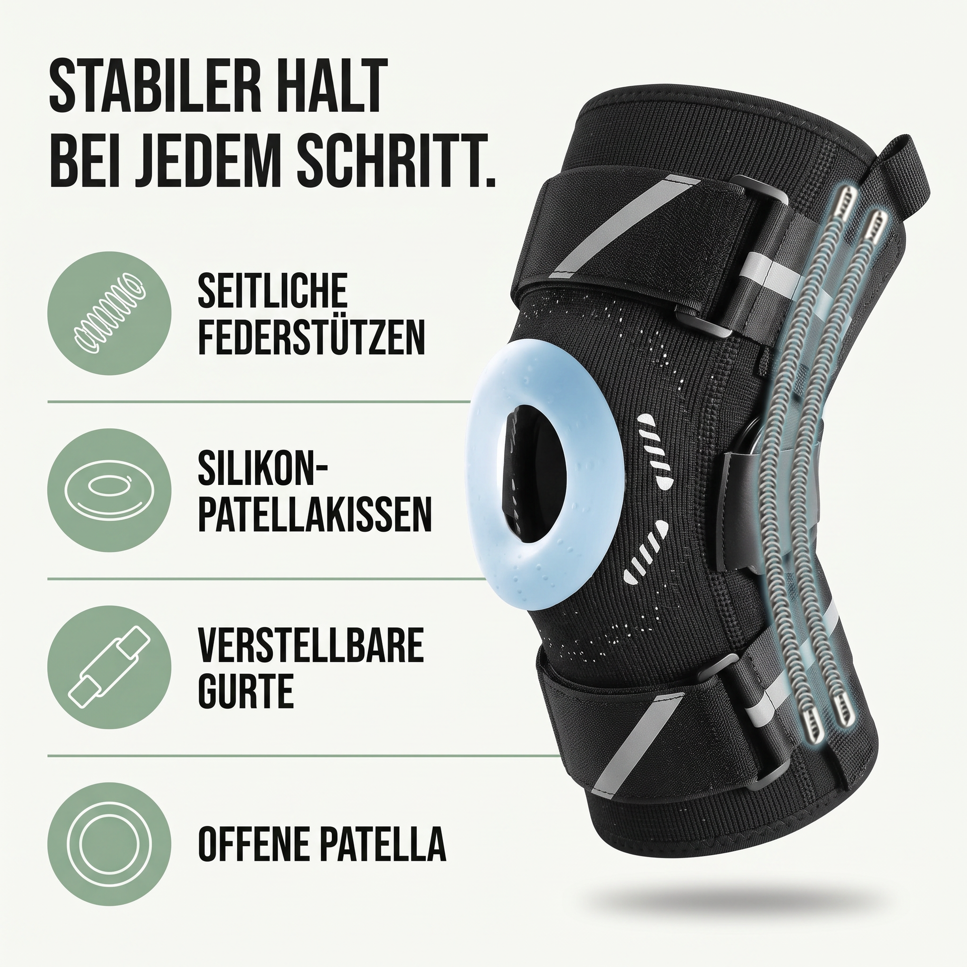 Kniebandage - Federstützen für Meniskus-Halt - Silikon-Patellakissen - Hauptvorteile auf einen Blick