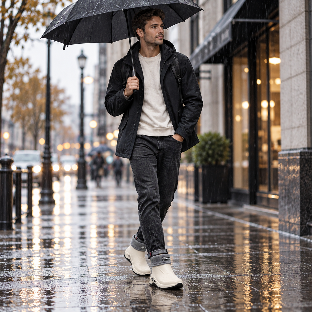 Gummistiefel Herren kurz in Beige gefüttert beim Stadtbummel im Regen