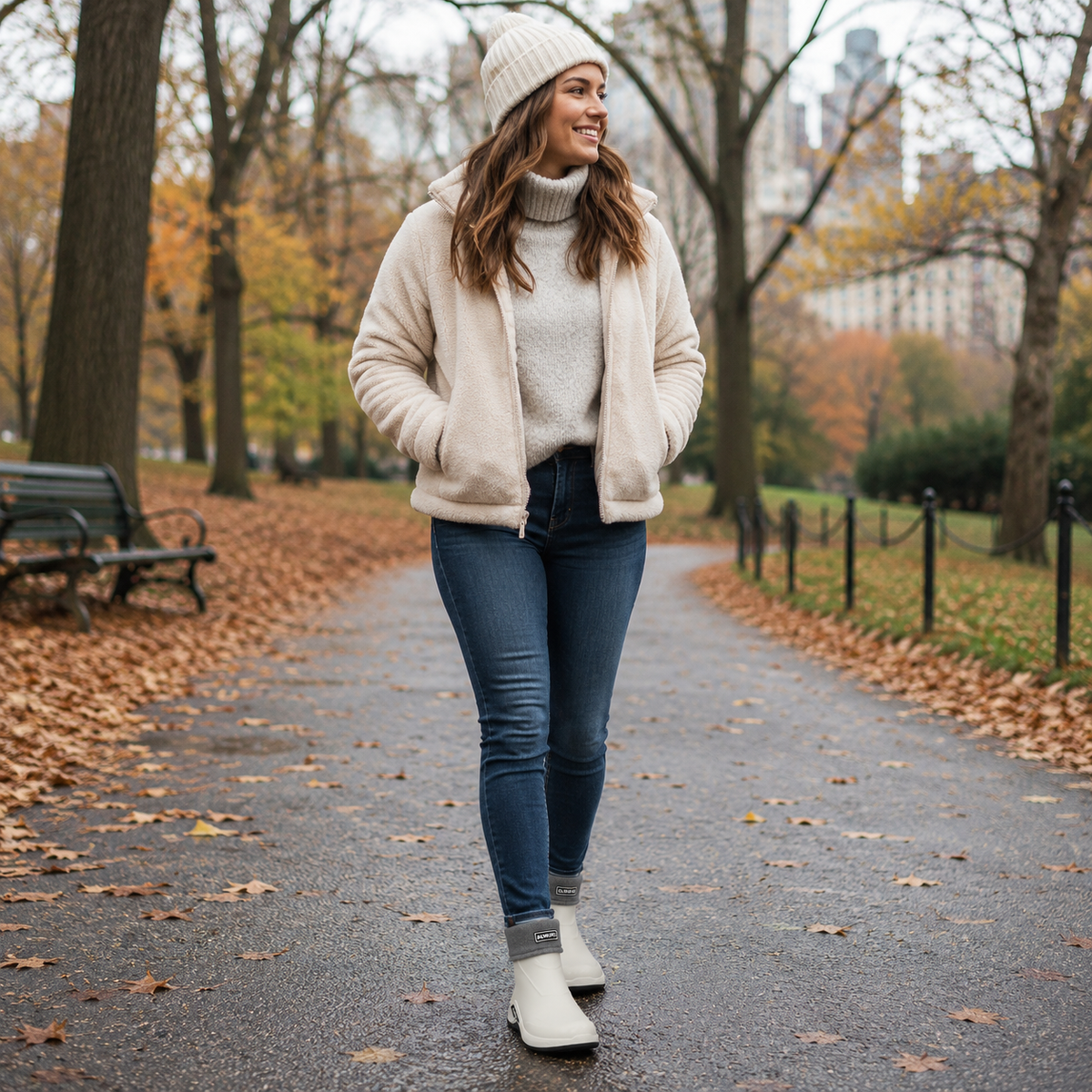 Gummistiefel Herren kurz in Beige gefüttert im Herbstpark