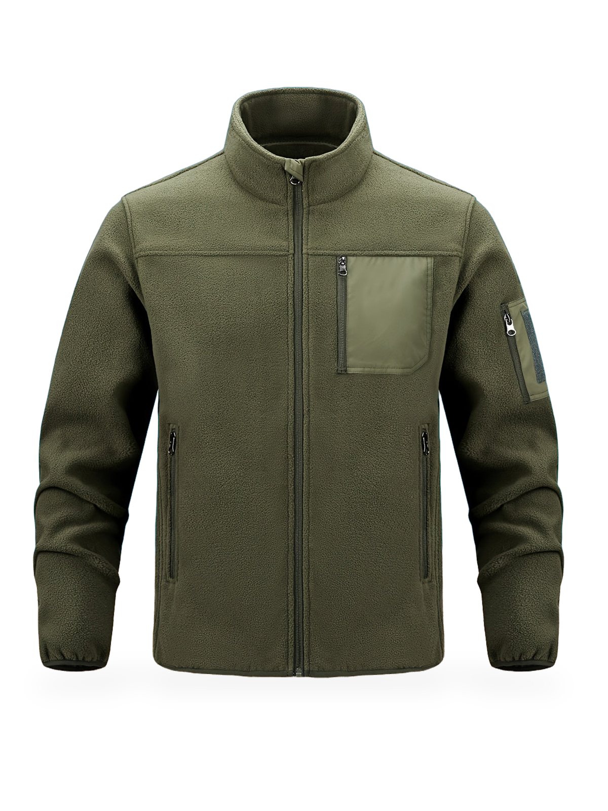 Olivgrüne Fleecejacke mit Brusttasche und Ärmeltasche von vorn